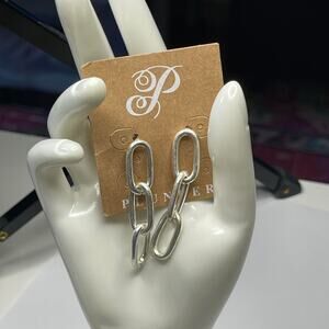 plunder post pierced earrings silver tone chain link 2" simple versatile